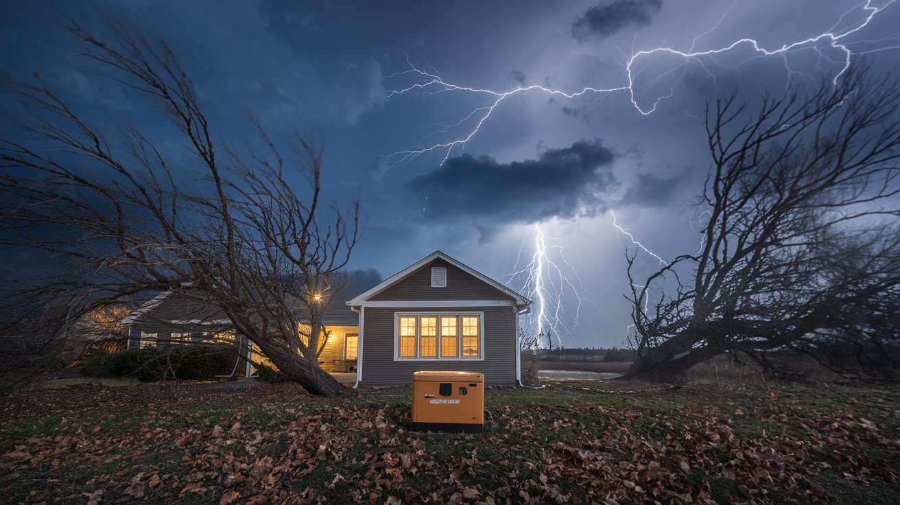 House in a storm with a generator supplying power.