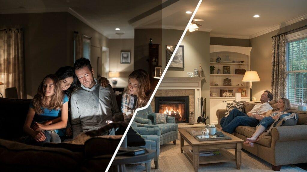 Split screen one house with power the other house without power.
