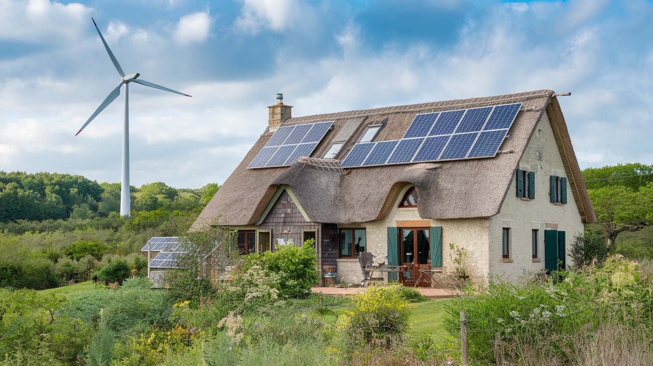 Solar panels and wind turbines set up around a rural home,