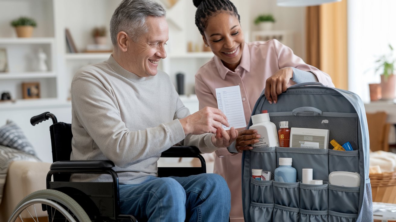 Emergency Preparedness Tips for Seniors - Senior in wheelchair caregiver helping pack a bugout bag.